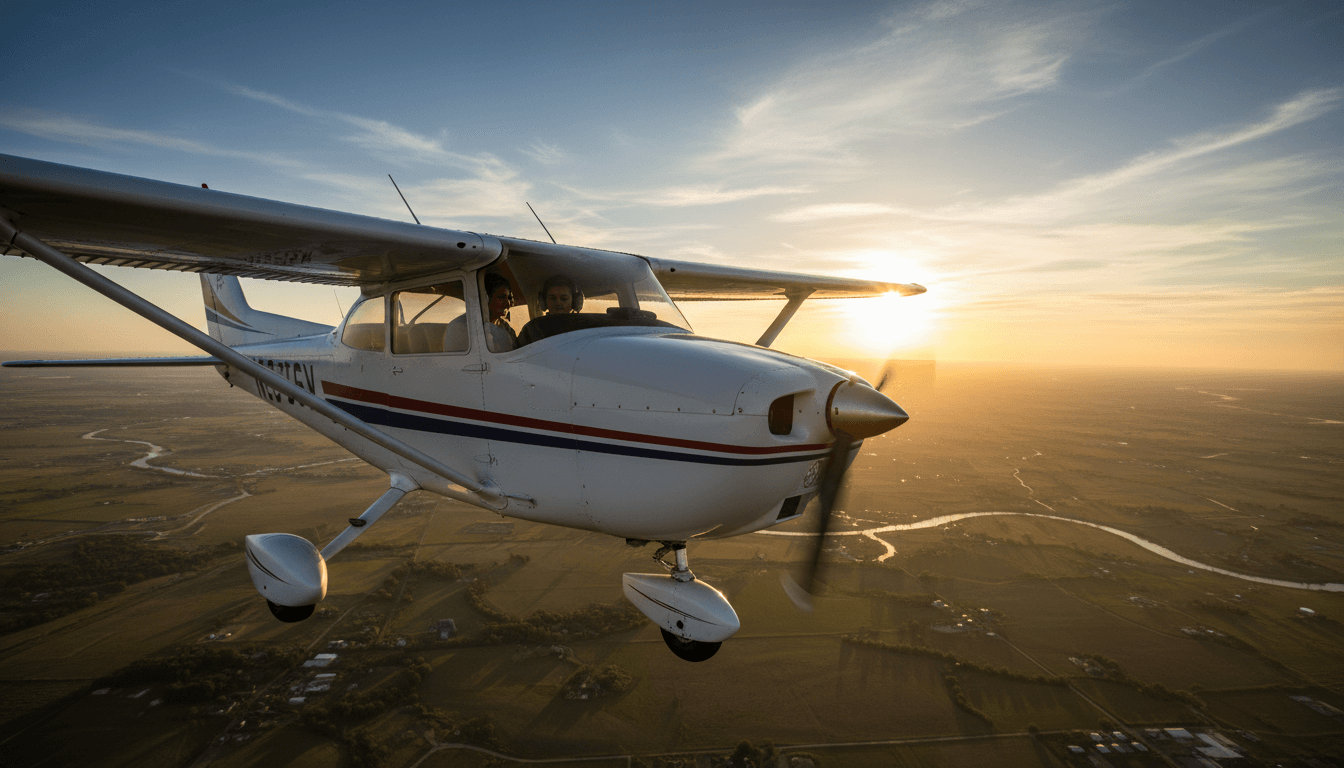 Pilot and instructor in cockpit of training aircraft in flight over Texas landscape